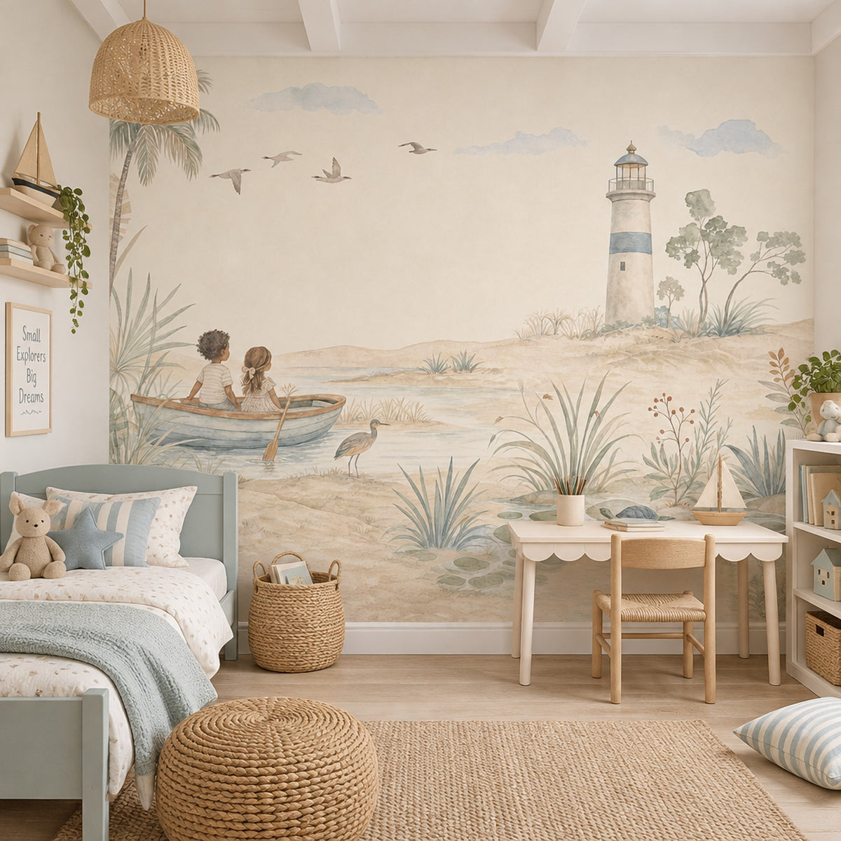 Watercolor Lighthouse Coast Wallpaper Mural Soft Pastel Children In Boat