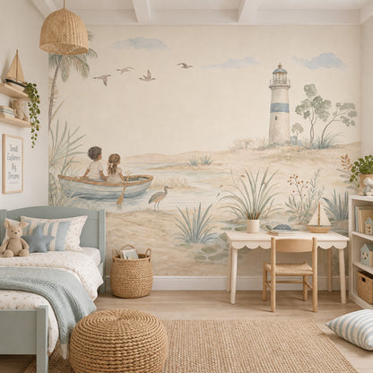 Watercolor Lighthouse Coast Wallpaper Mural Soft Pastel Children In Boat