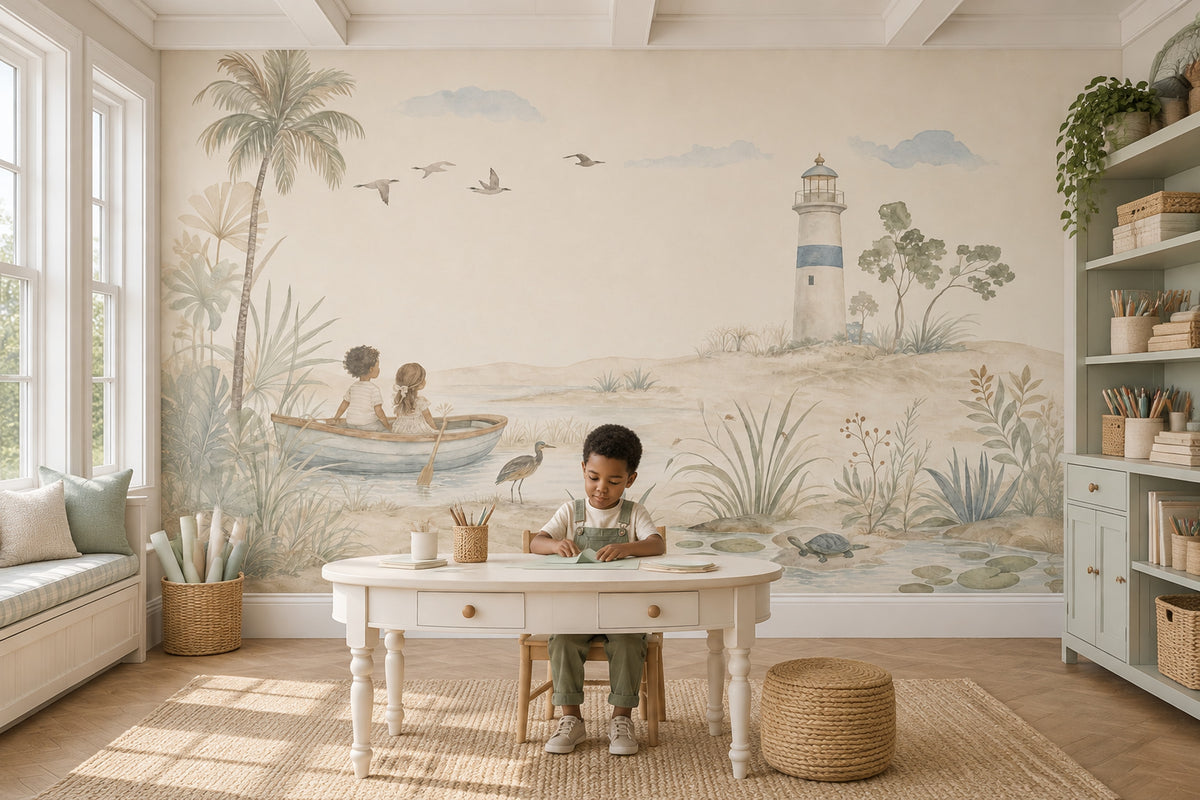 Watercolor Lighthouse Coast Wallpaper Mural Soft Pastel Children In Boat