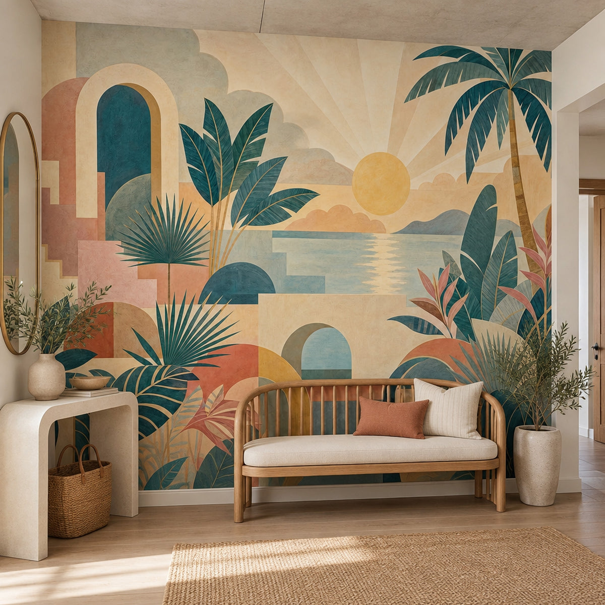 Tropical Sunset Archways Wallpaper Mural: Teal And Terracotta Retro