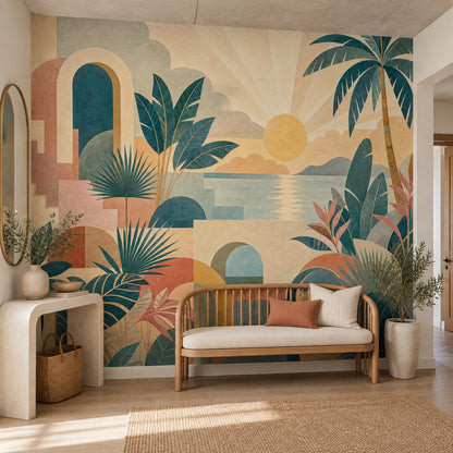 Tropical Sunset Archways Wallpaper Mural: Teal And Terracotta Retro