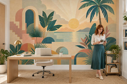 Tropical Sunset Archways Wallpaper Mural: Teal And Terracotta Retro
