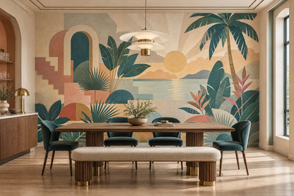 Tropical Sunset Archways Wallpaper Mural: Teal And Terracotta Retro