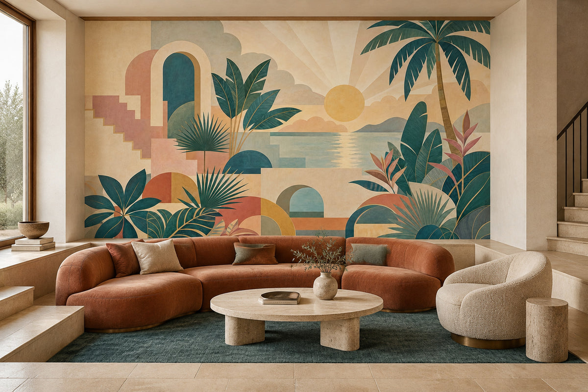 Tropical Sunset Archways Wallpaper Mural: Teal And Terracotta Retro