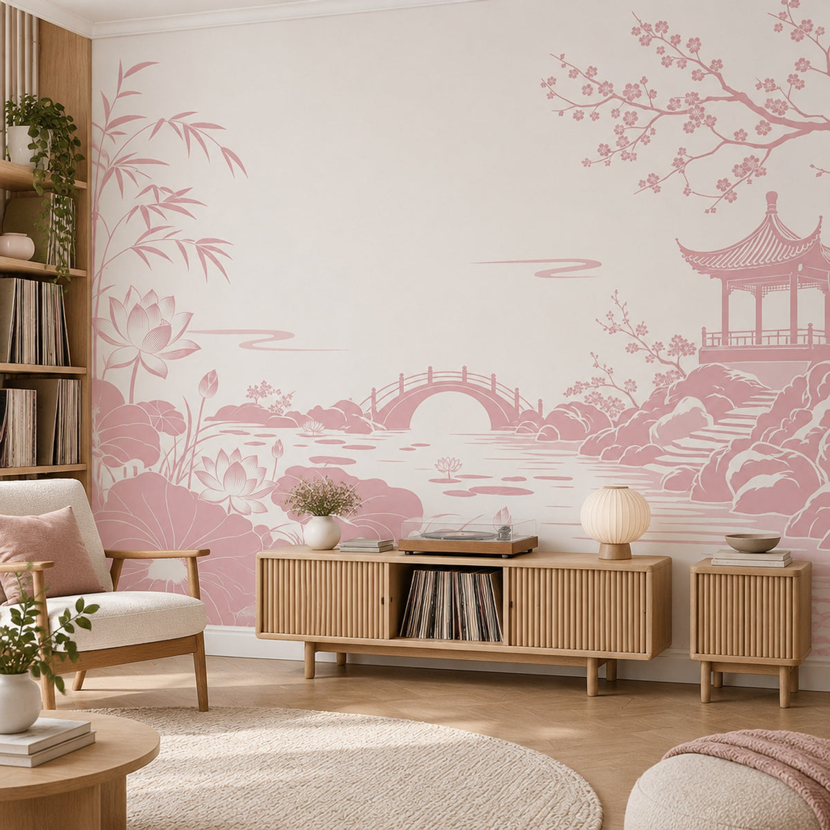 Sakura Garden With Pagoda Wallpaper Mural Cream Pink Chinoiserie