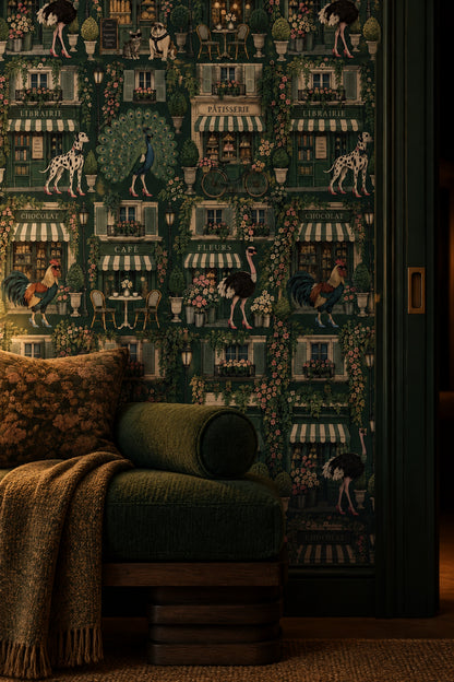 Whimsical Parisian Shops Wallpaper Dark Green Floral Vines