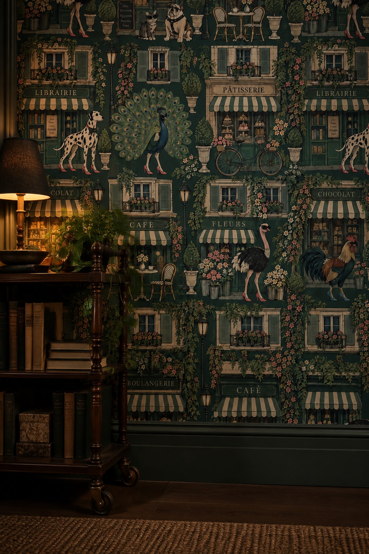 Whimsical Parisian Shops Wallpaper Dark Green Floral Vines
