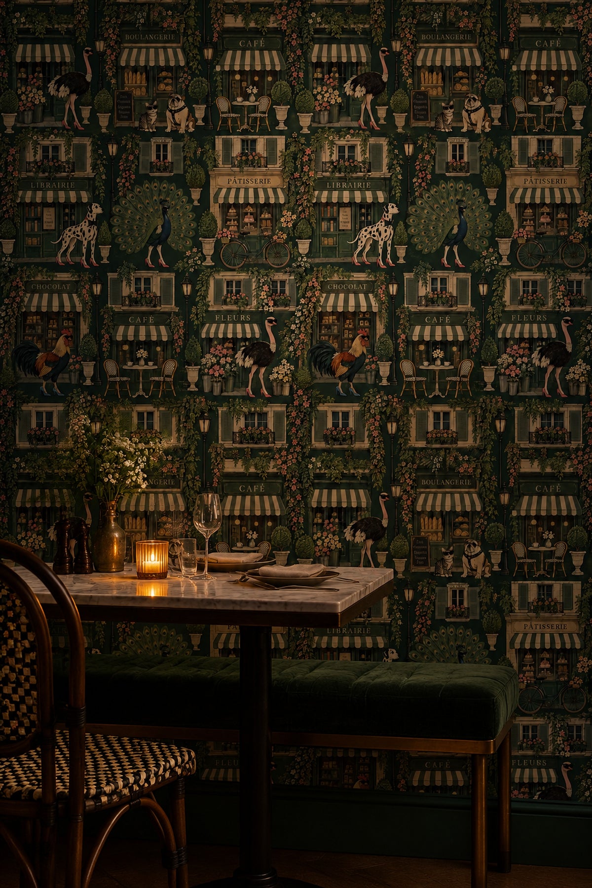 Whimsical Parisian Shops Wallpaper Dark Green Floral Vines