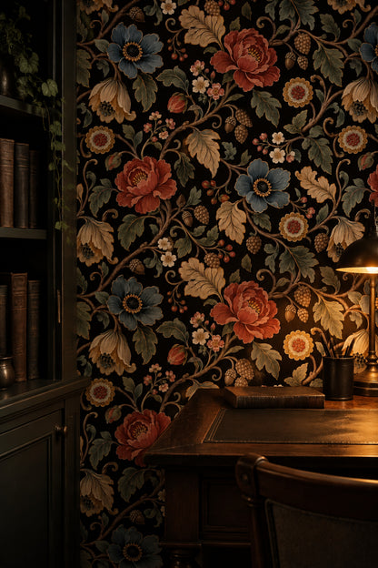 Large Vintage Inspired Flowers Wallpaper Dark Floral On Black