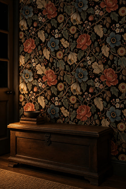Large Vintage Inspired Flowers Wallpaper Dark Floral On Black