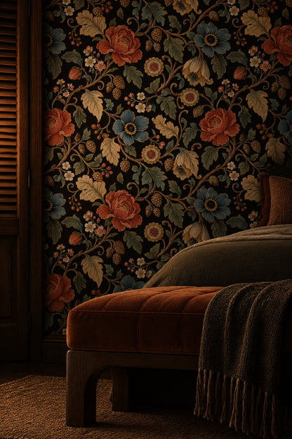 Large Vintage Inspired Flowers Wallpaper Dark Floral On Black