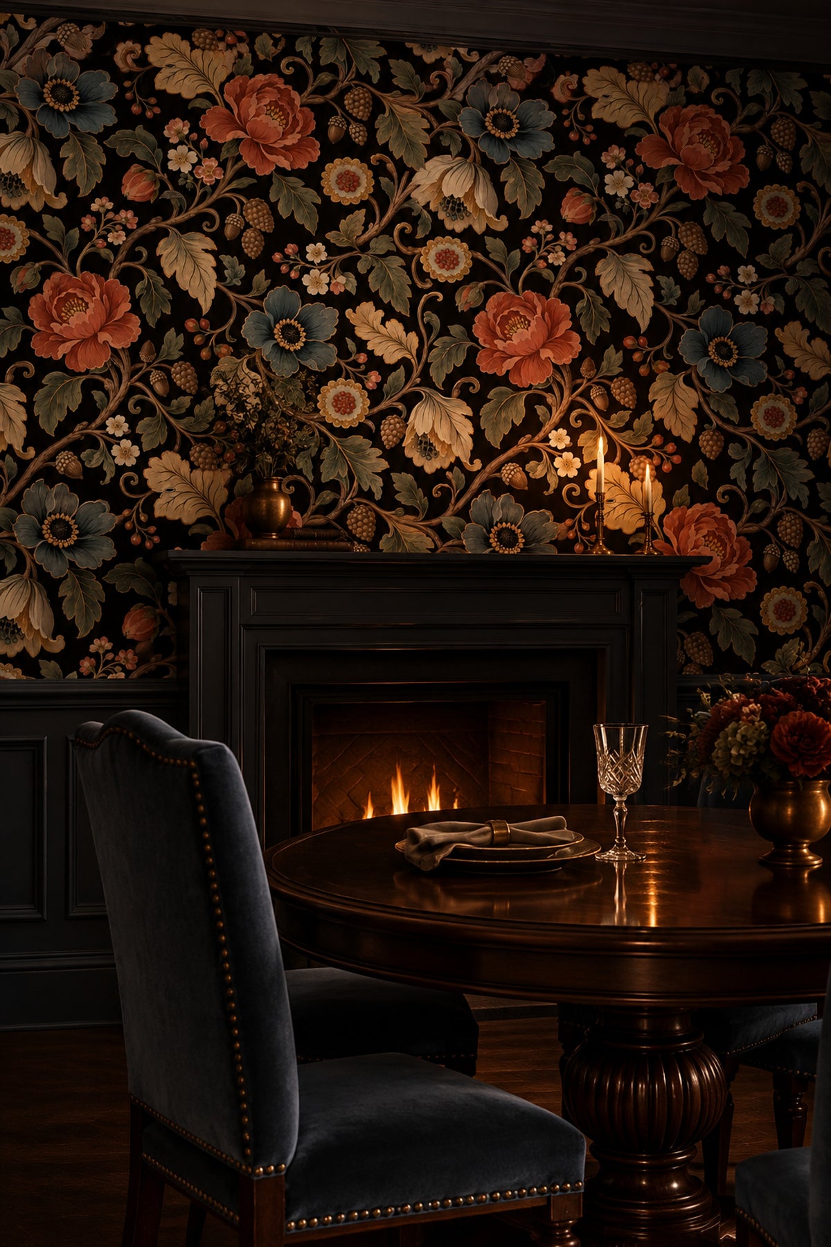 Large Vintage Inspired Flowers Wallpaper Dark Floral On Black