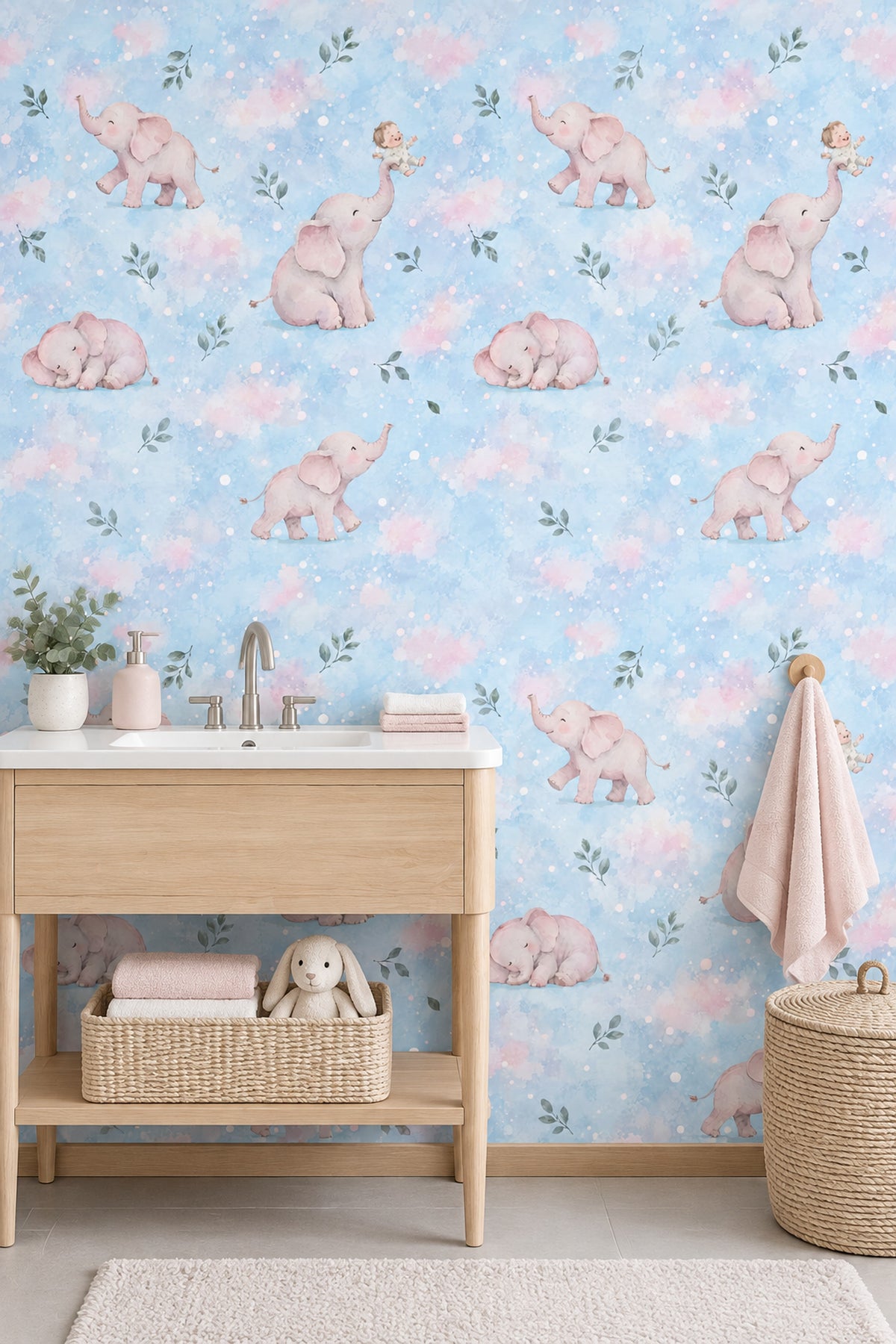 Pink Baby Elephants Wallpaper Pastel Blue Watercolor Clouds