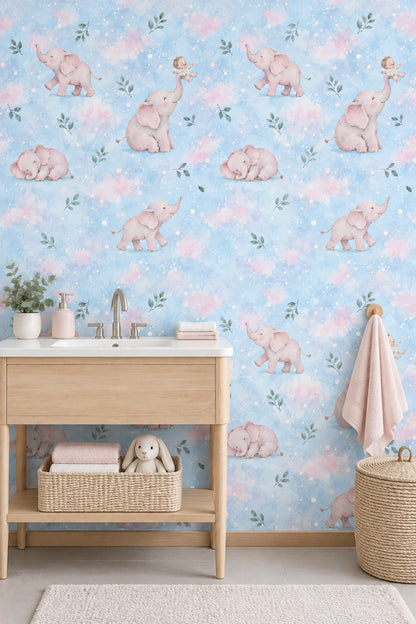 Pink Baby Elephants Wallpaper Pastel Blue Watercolor Clouds