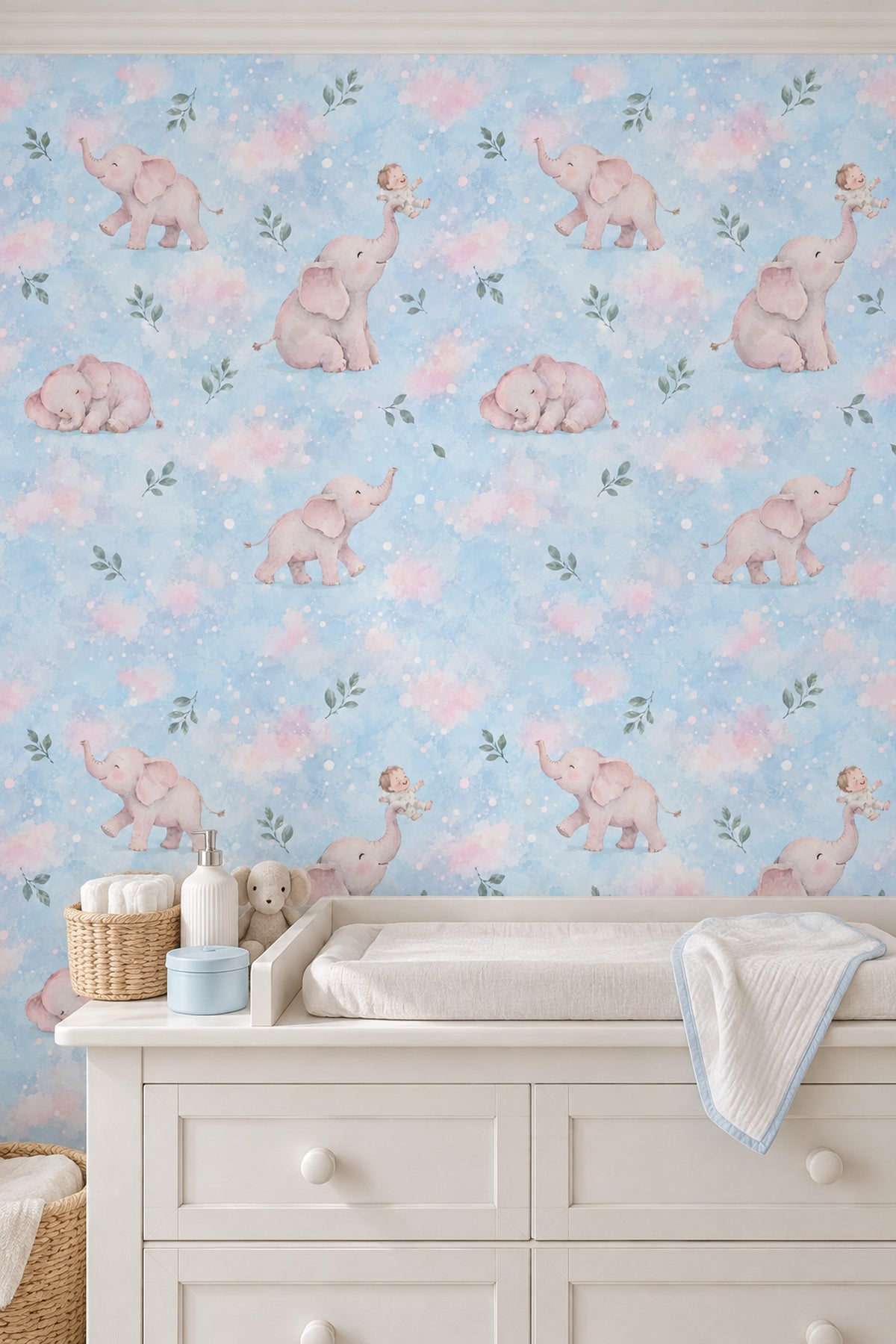 Pink Baby Elephants Wallpaper Pastel Blue Watercolor Clouds