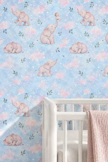Pink Baby Elephants Wallpaper Pastel Blue Watercolor Clouds