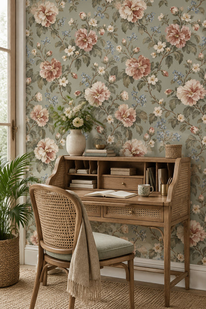 Pink And Cream Roses Wallpaper In Sage Green Vintage Inspired Botanical Pattern