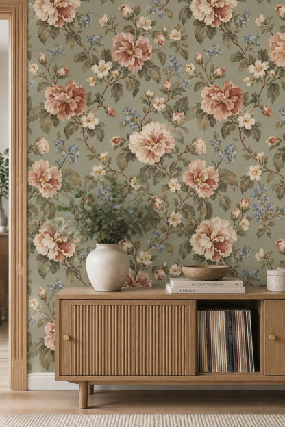 Pink And Cream Roses Wallpaper In Sage Green Vintage Inspired Botanical Pattern