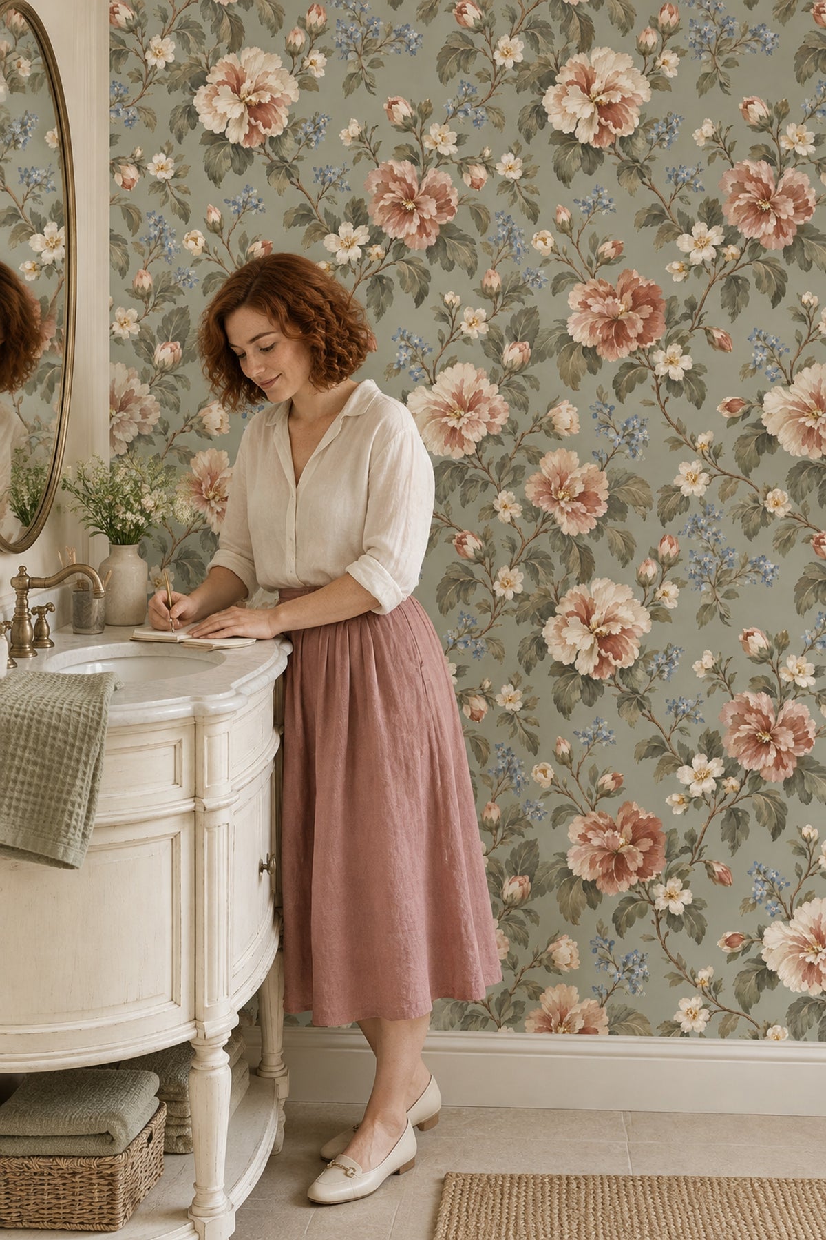 Pink And Cream Roses Wallpaper In Sage Green Vintage Inspired Botanical Pattern
