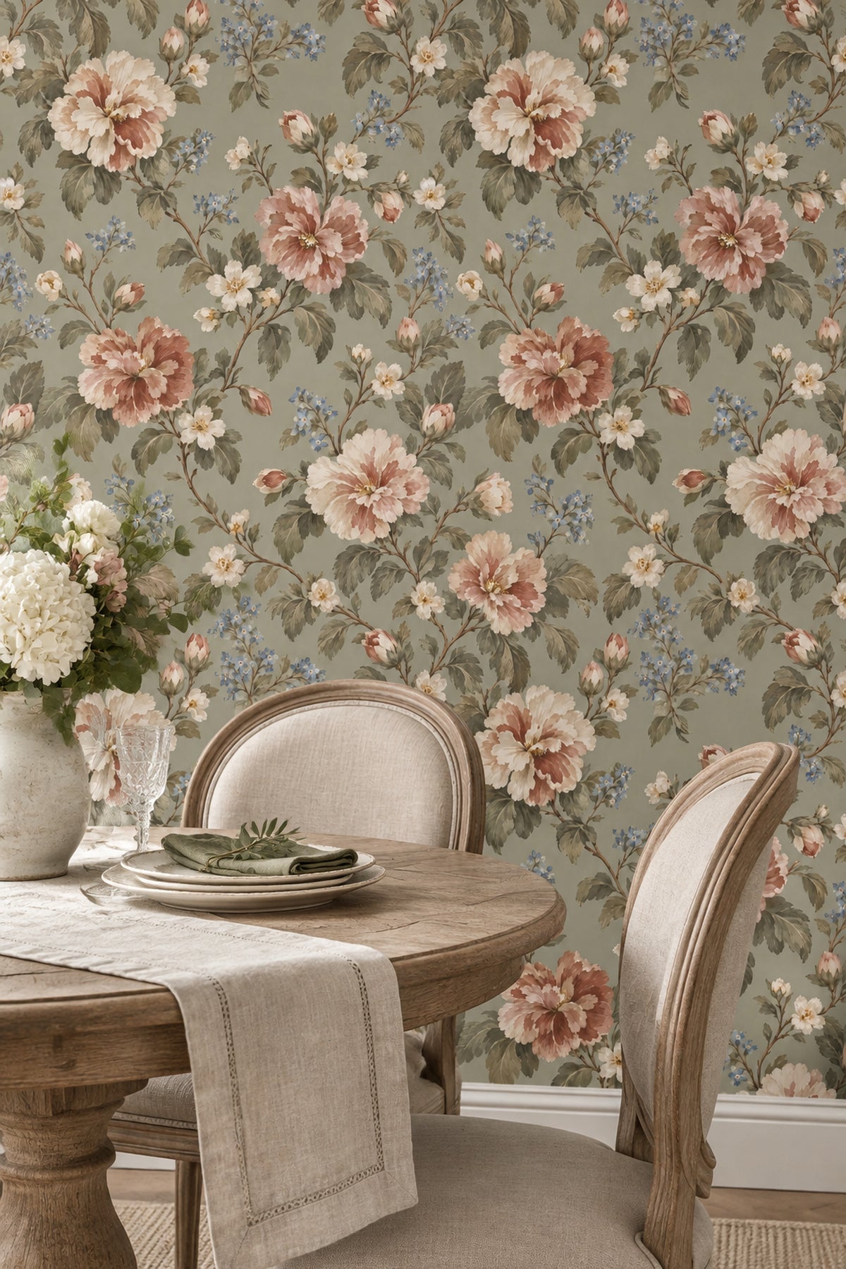 Pink And Cream Roses Wallpaper In Sage Green Vintage Inspired Botanical Pattern
