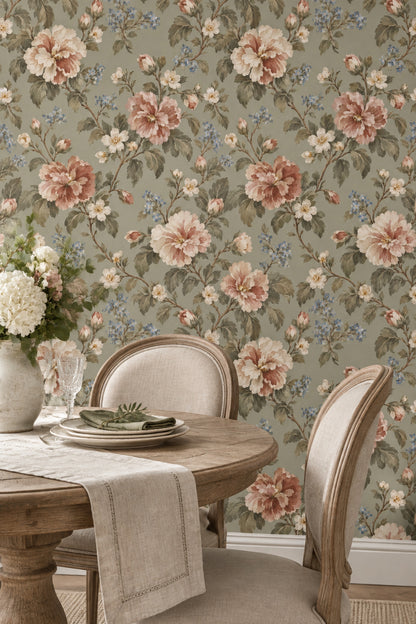 Pink And Cream Roses Wallpaper In Sage Green Vintage Inspired Botanical Pattern