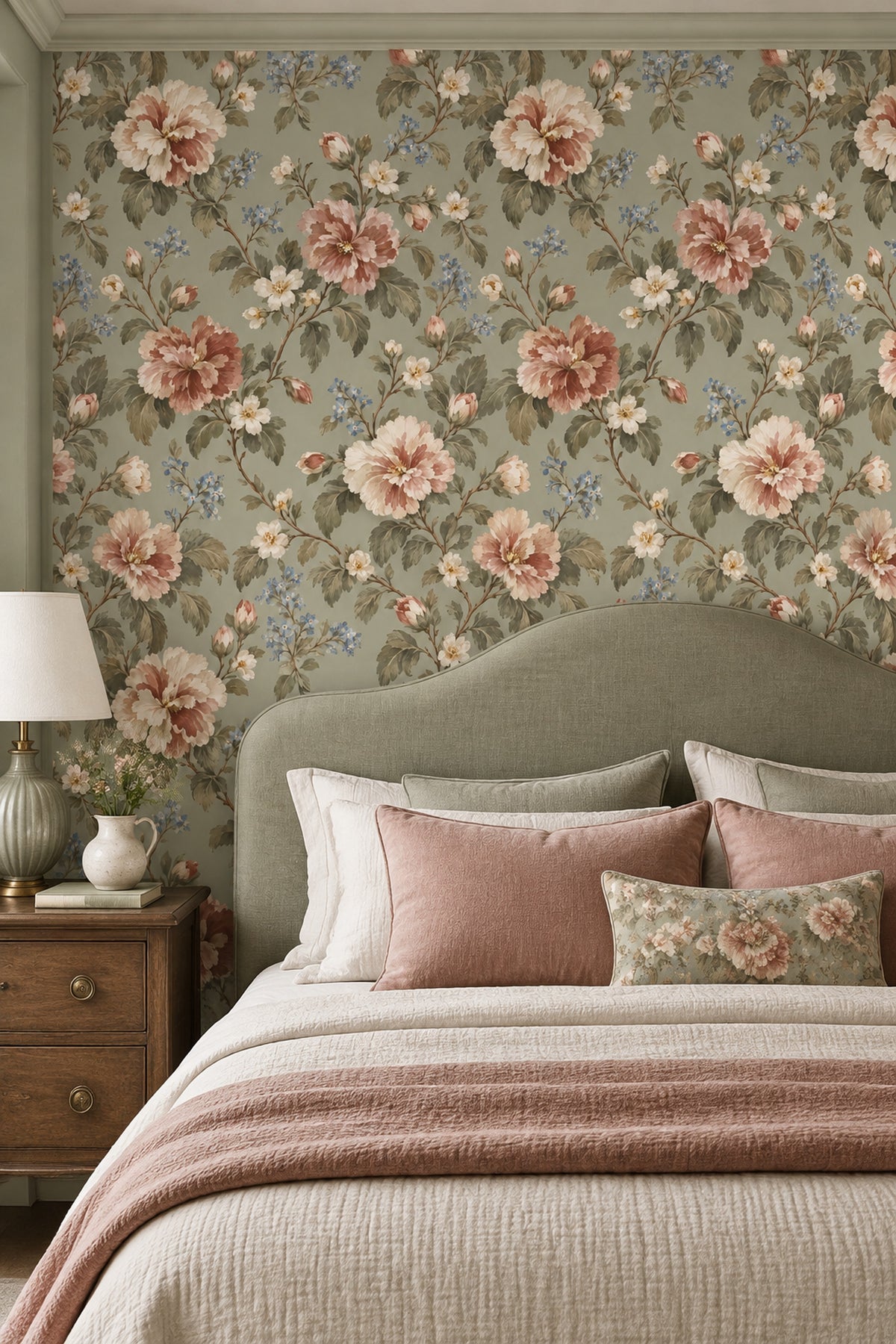 Pink And Cream Roses Wallpaper In Sage Green Vintage Inspired Botanical Pattern