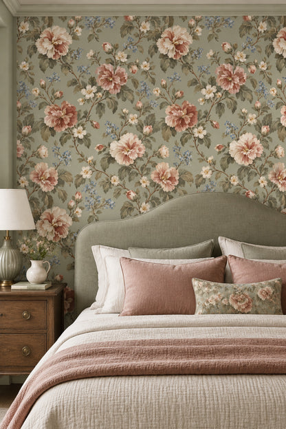 Pink And Cream Roses Wallpaper In Sage Green Vintage Inspired Botanical Pattern