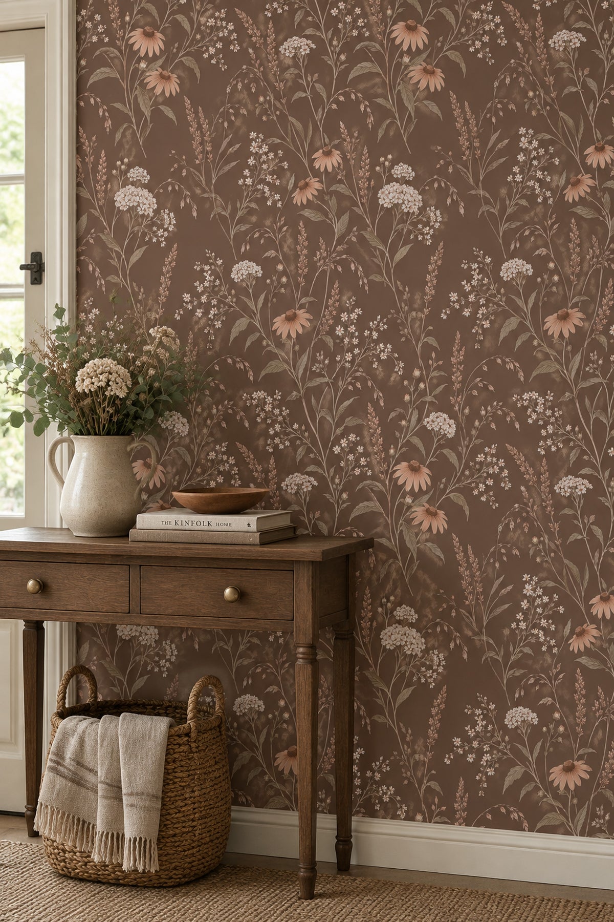 Wildflower Stems Wallpaper Dark Floral On Warm Brown