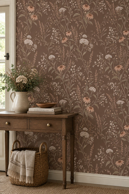 Wildflower Stems Wallpaper Dark Floral On Warm Brown