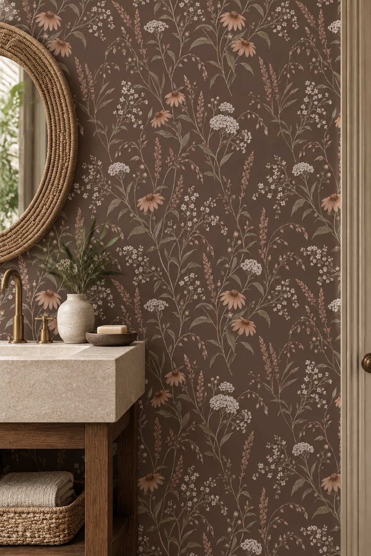 Wildflower Stems Wallpaper Dark Floral On Warm Brown