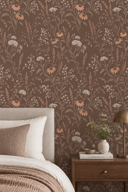 Wildflower Stems Wallpaper Dark Floral On Warm Brown