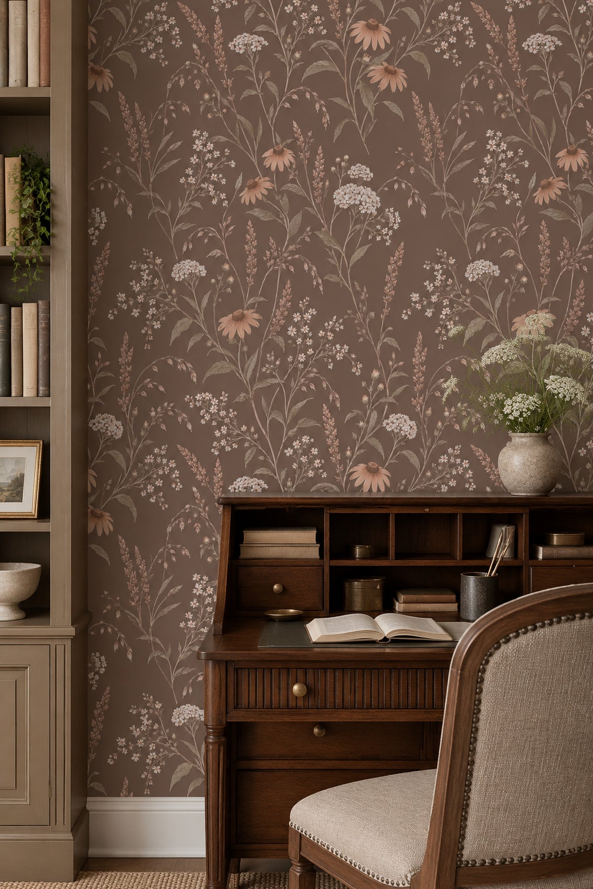 Wildflower Stems Wallpaper Dark Floral On Warm Brown