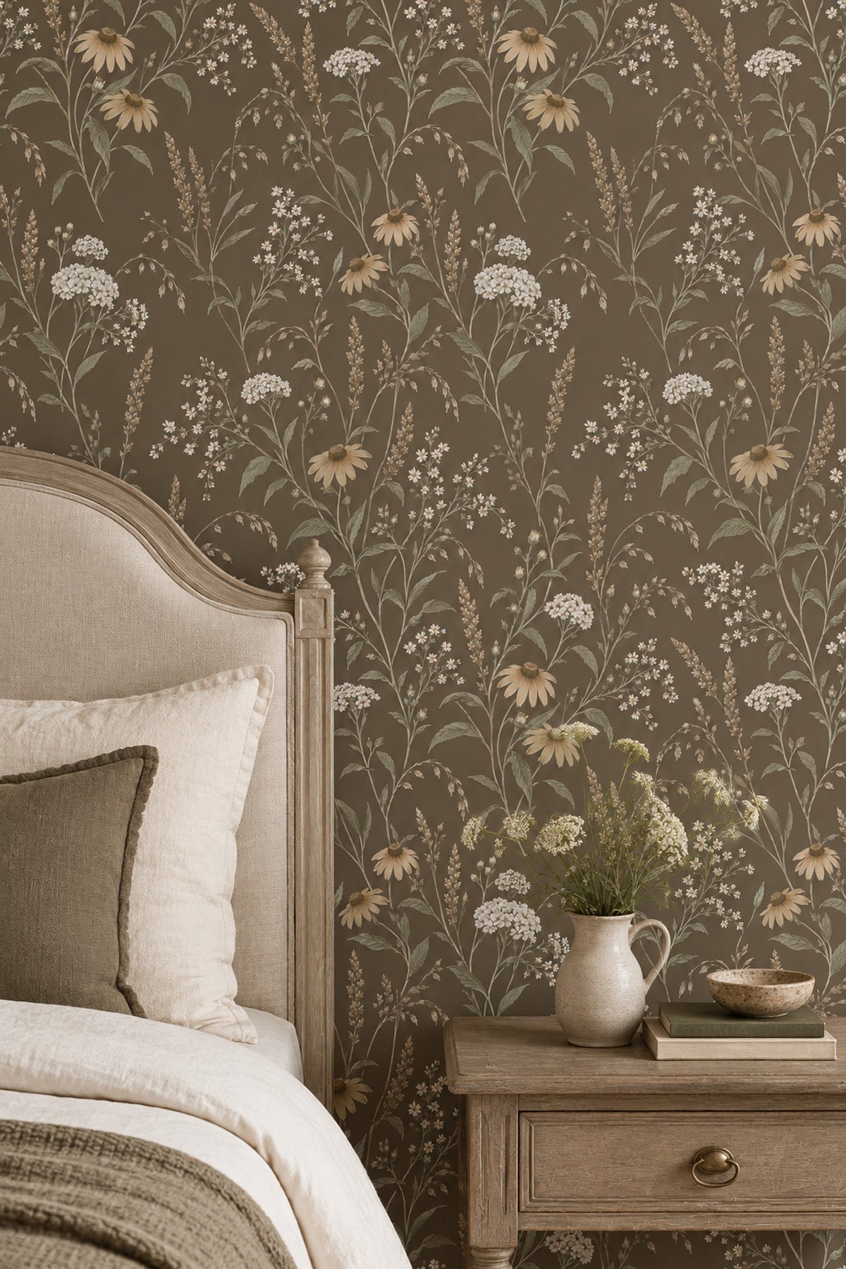 Wildflower Stems Wallpaper Taupe Background Vintage Inspired Botanical