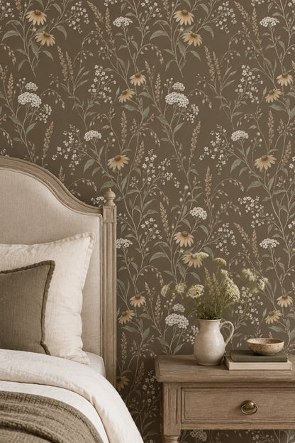 Wildflower Stems Wallpaper Taupe Background Vintage Inspired Botanical