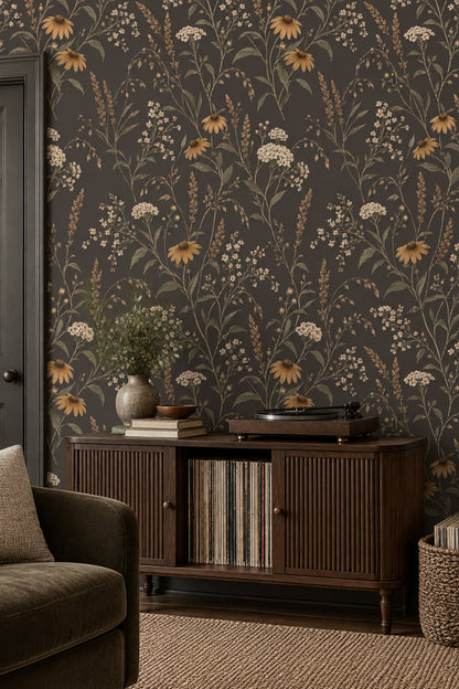 Wildflower Stems Wallpaper Dark Floral In Muted Green And Brown