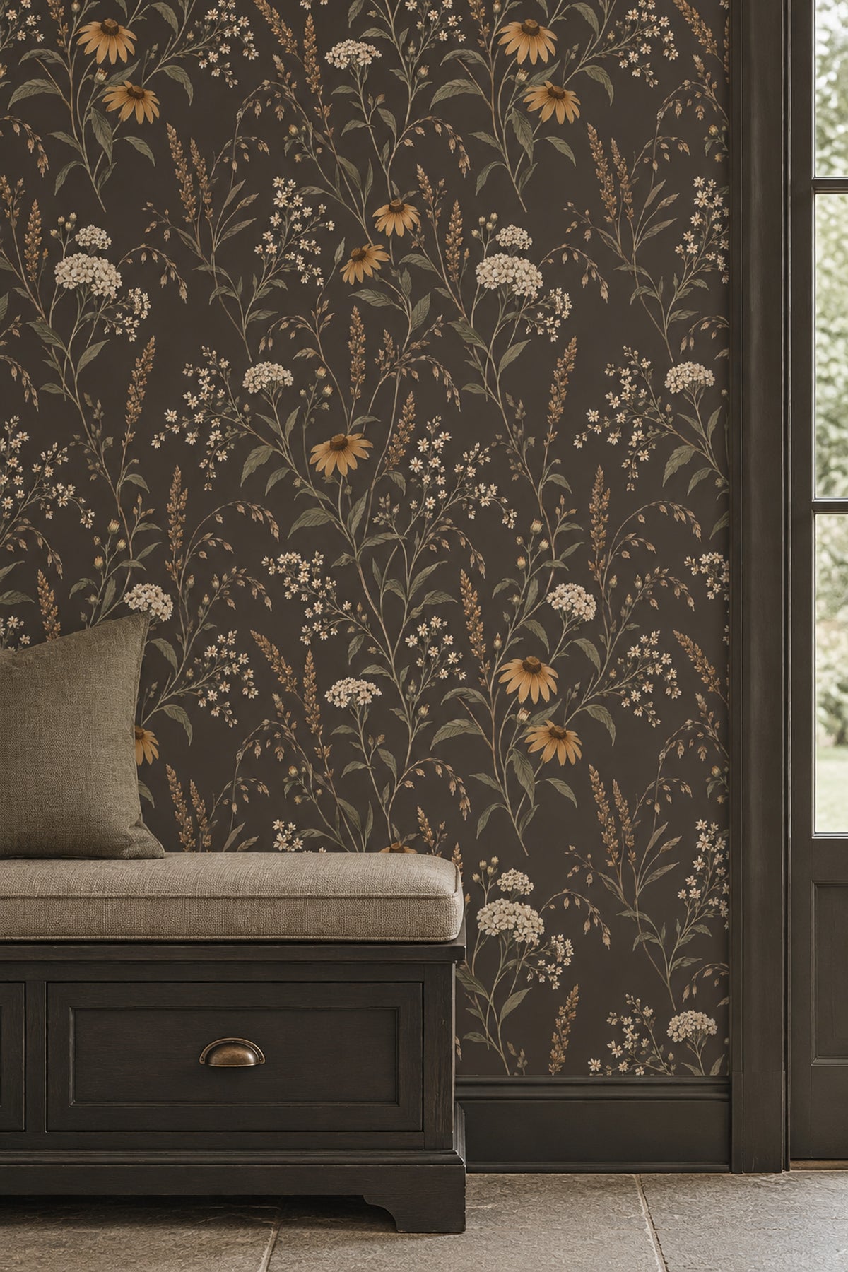 Wildflower Stems Wallpaper Dark Floral In Muted Green And Brown