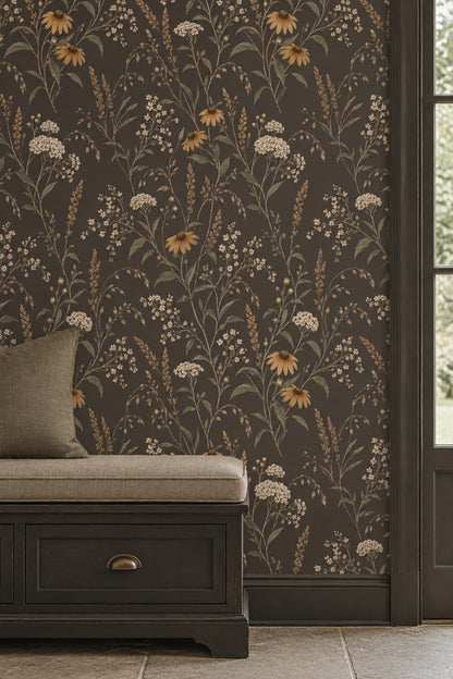 Wildflower Stems Wallpaper Dark Floral In Muted Green And Brown