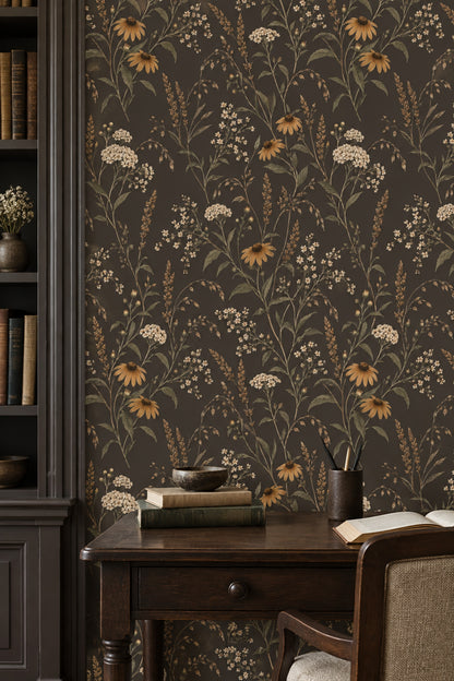 Wildflower Stems Wallpaper Dark Floral In Muted Green And Brown