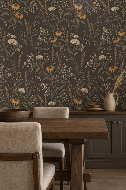 Wildflower Stems Wallpaper Dark Floral In Muted Green And Brown