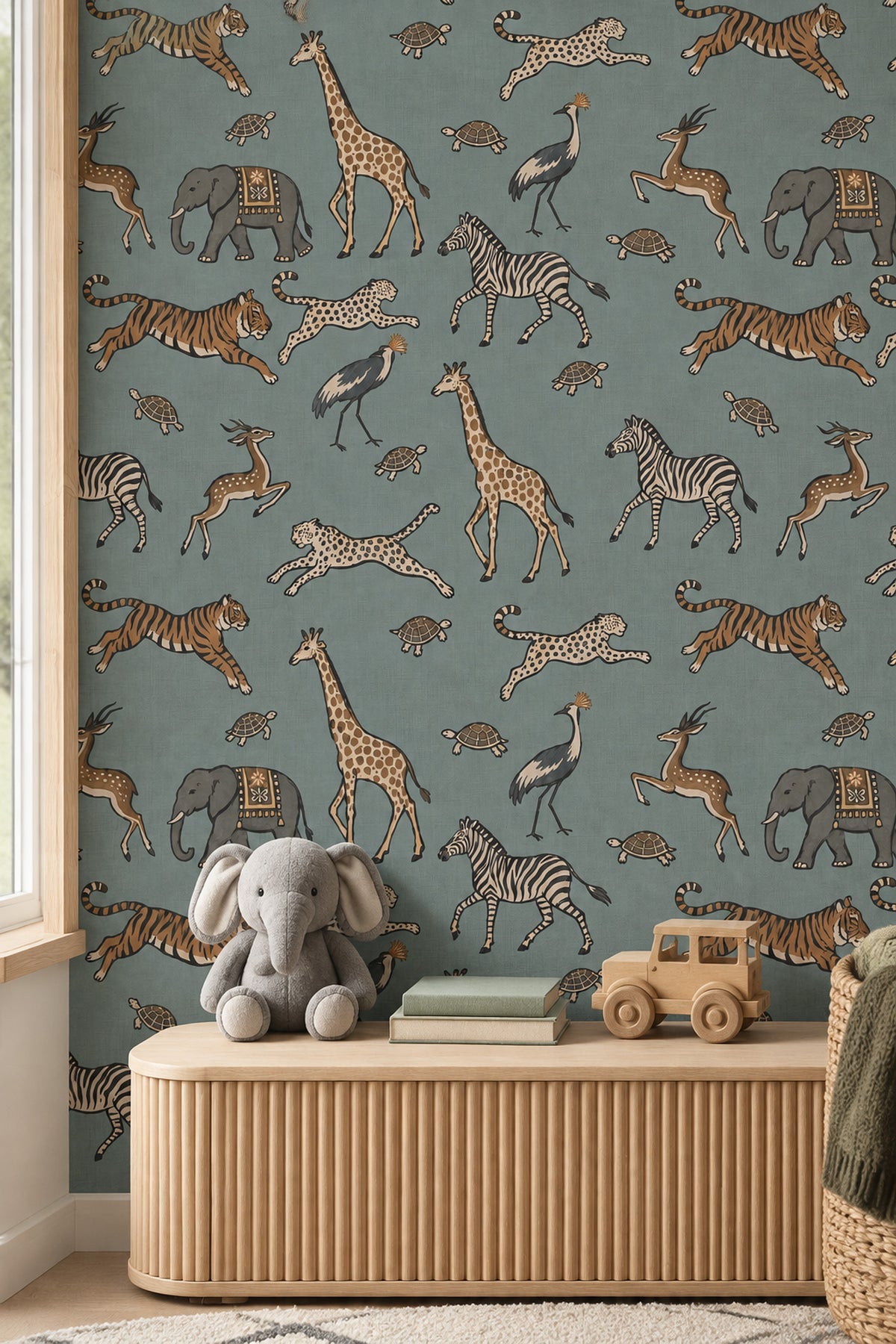 Safari Animals Wallpaper Sage Green Hand Drawn Pattern