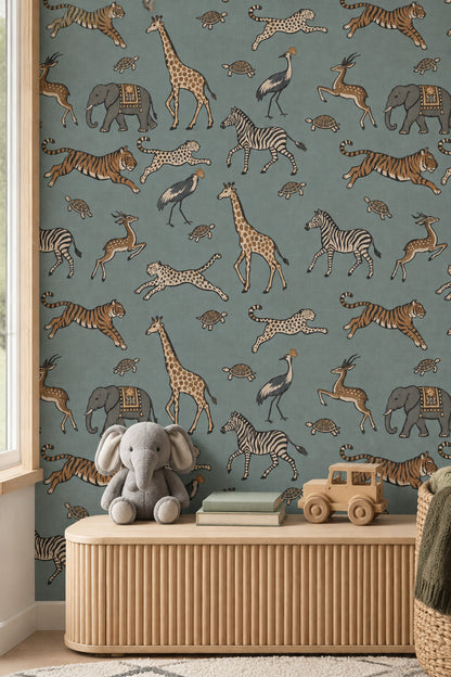 Safari Animals Wallpaper Sage Green Hand Drawn Pattern