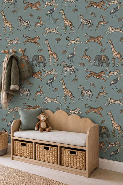 Safari Animals Wallpaper Sage Green Hand Drawn Pattern