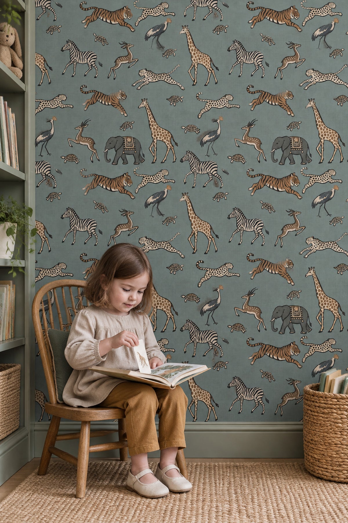 Safari Animals Wallpaper Sage Green Hand Drawn Pattern