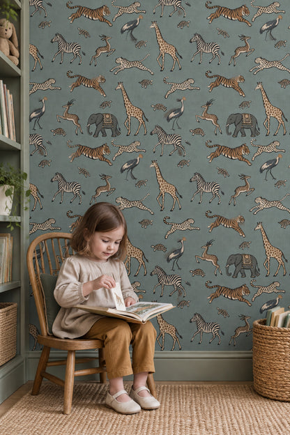 Safari Animals Wallpaper Sage Green Hand Drawn Pattern