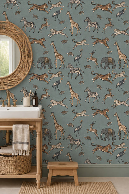 Safari Animals Wallpaper Sage Green Hand Drawn Pattern