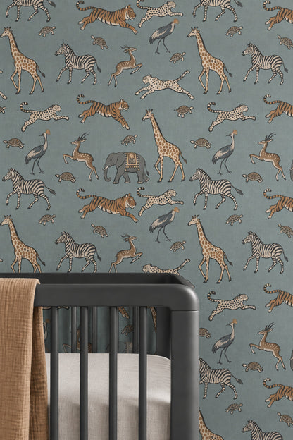 Safari Animals Wallpaper Sage Green Hand Drawn Pattern