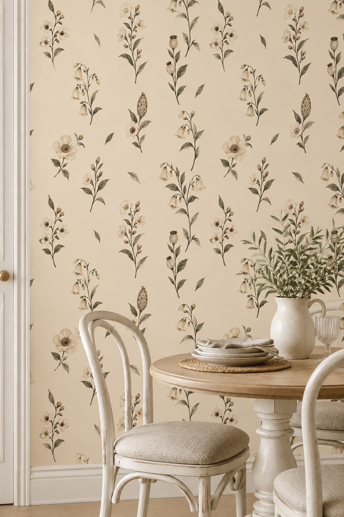 Cream Wildflower Branches Wallpaper On Beige Background