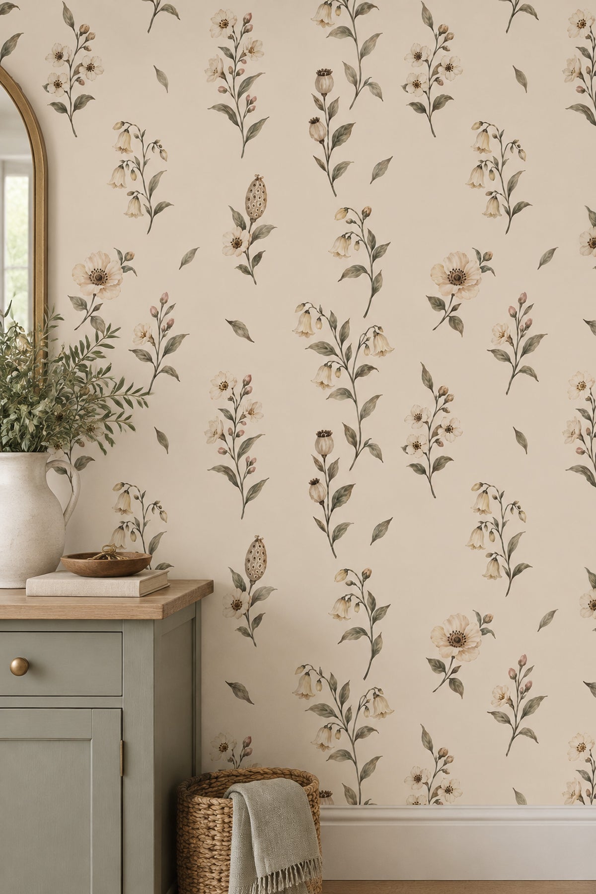 Cream Wildflower Branches Wallpaper On Beige Background