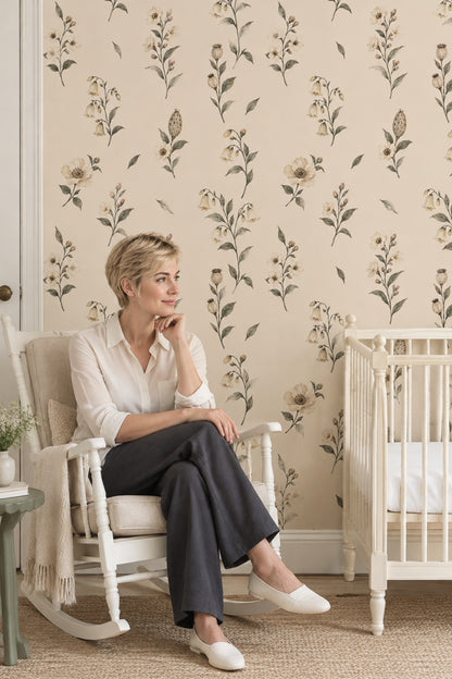 Cream Wildflower Branches Wallpaper On Beige Background