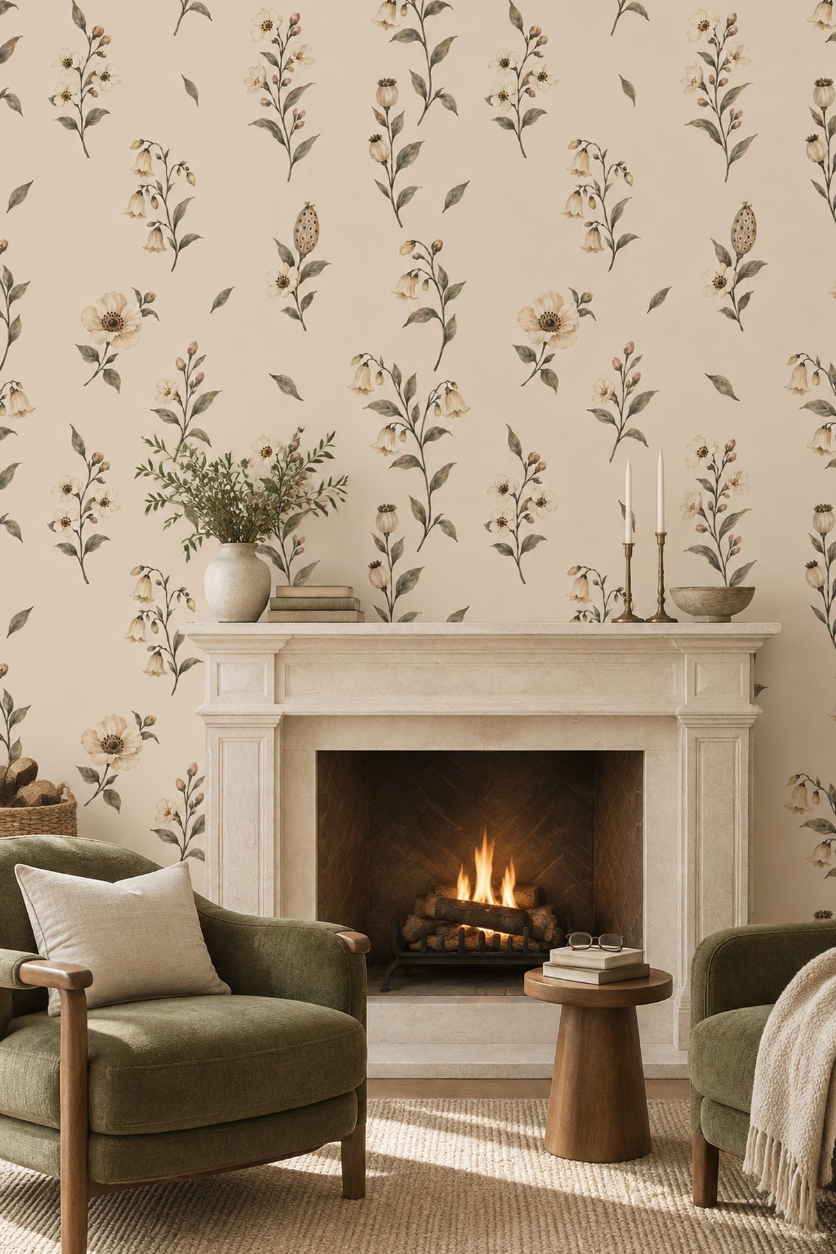 Cream Wildflower Branches Wallpaper On Beige Background